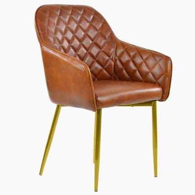 Opus Carver Dining Chair Vintage Tan Brown Faux Leather & Gold Legs