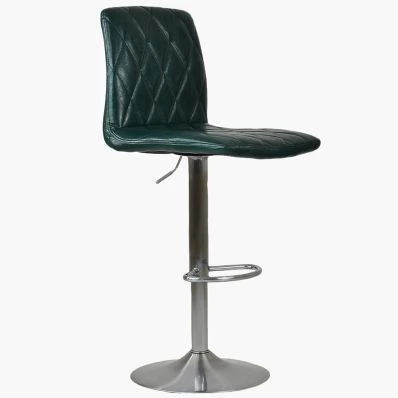 Pecan Bar Stool Bottle Green Leather & Brushed Steel Base