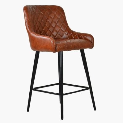 Vault Bar Stool Vintage Tan Brown Leather & Black Leg