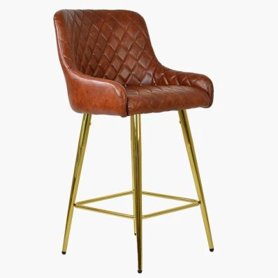Vault Bar Stool Vintage Tan Brown Leather & Gold Leg