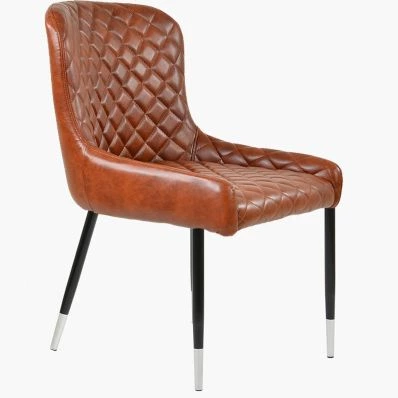Heron Dining Chair Vintage Tan Brown Faux Leather & Black \ Silver Legs