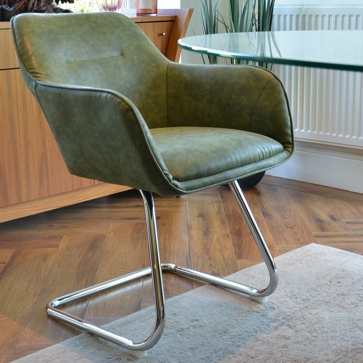 Swarm Dining Chair in Aged Olive Green Leather