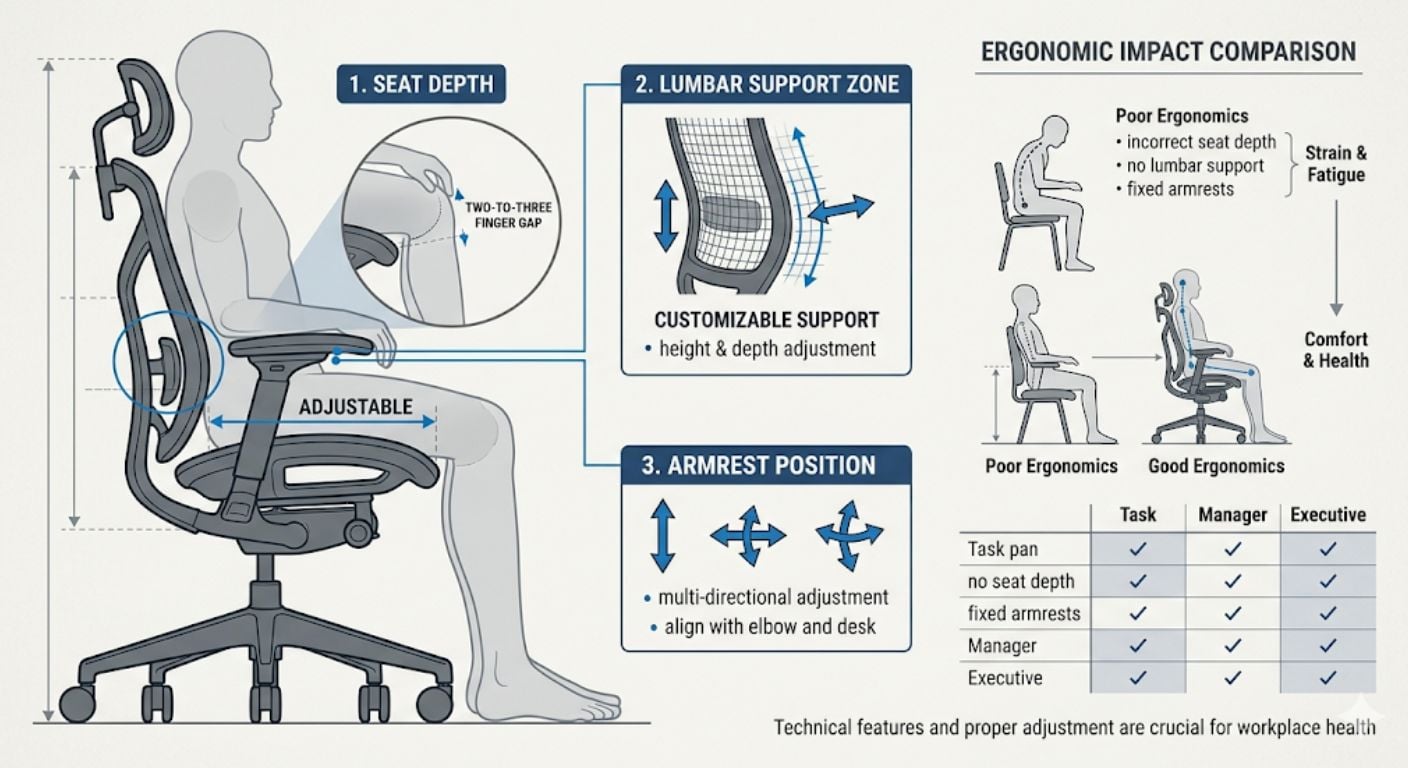 Best Chair for Long Hours: What Seat Depth, Lumbar & Armrests Matter