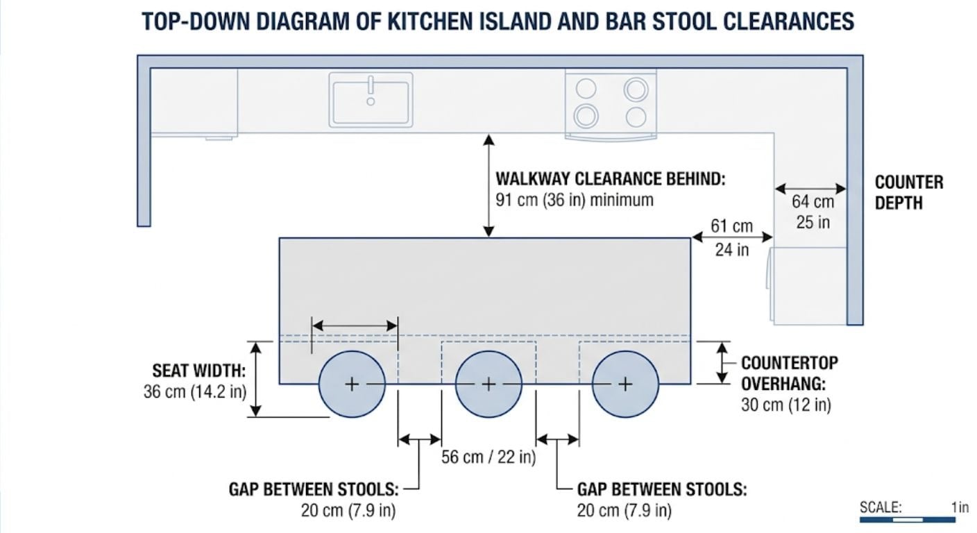 Bar Stool Spacing Guide: Elbow Room + Walkthrough Clearance