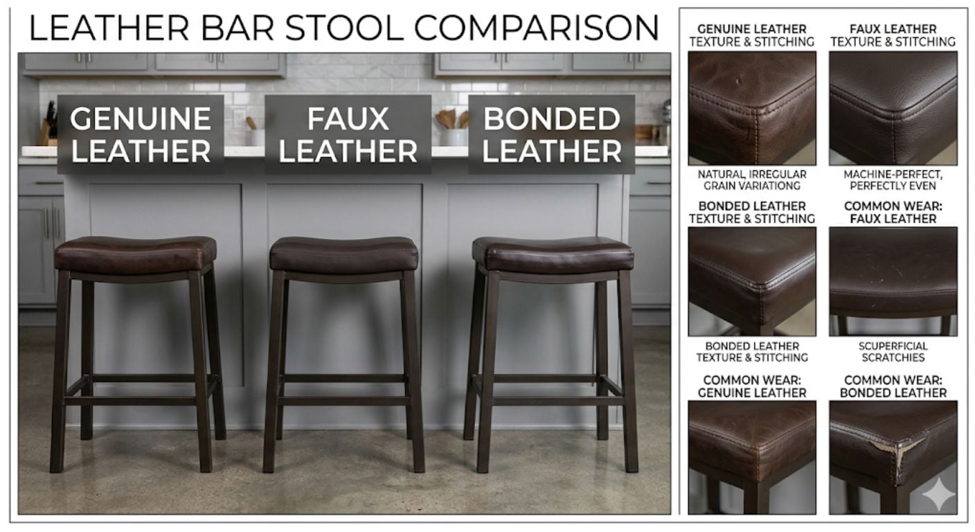 Leather Bar Stools: Real vs Faux, Maintenance & Cracking Risk