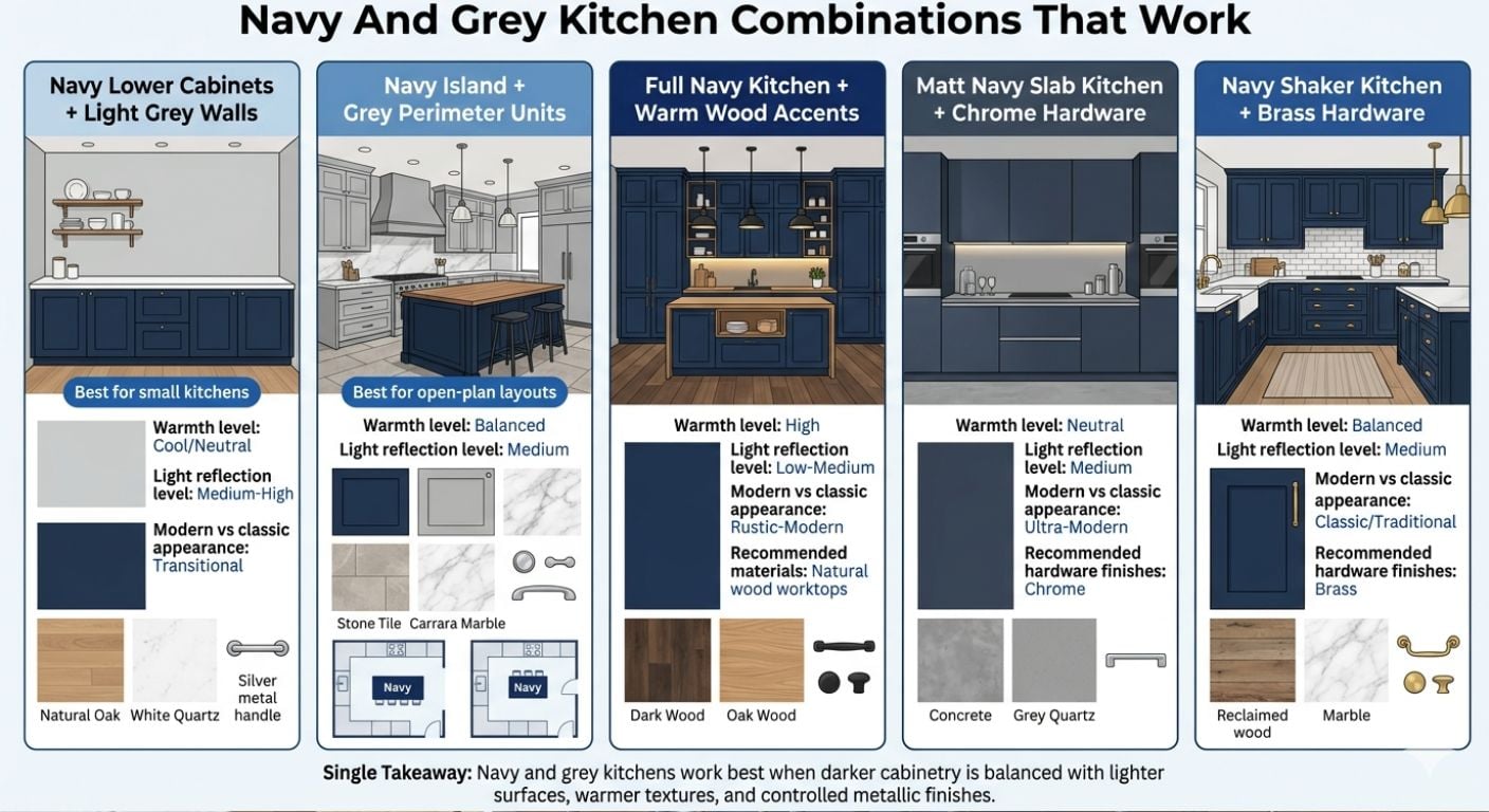 7 Navy Blue & Grey Kitchen Ideas infographic
