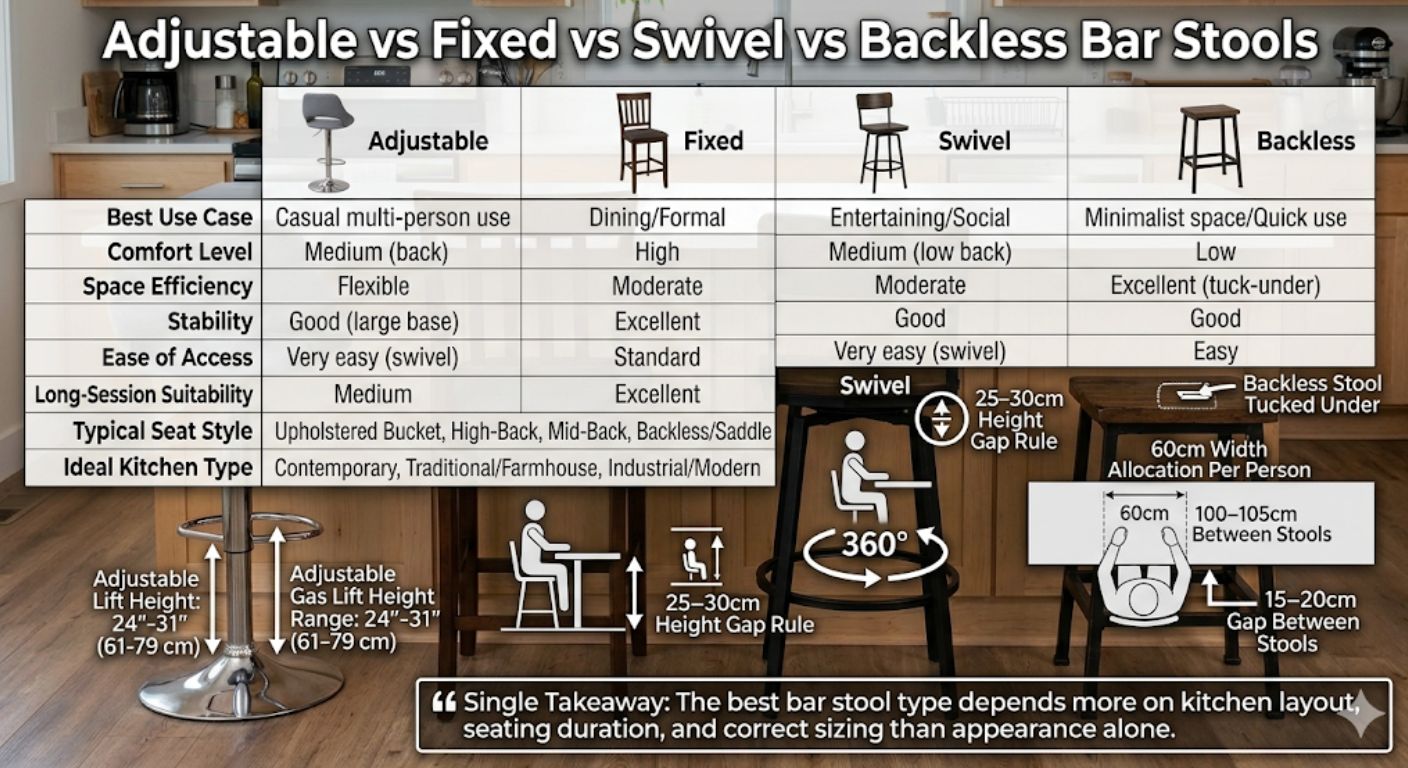 Adjustable vs Fixed vs Swivel vs Backless Bar Stools Infographic