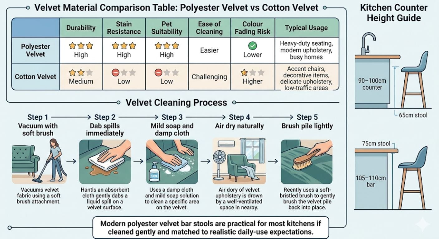 Are Velvet Bar Stools Practical? Durability, Cleaning; Pet Proofing infographic