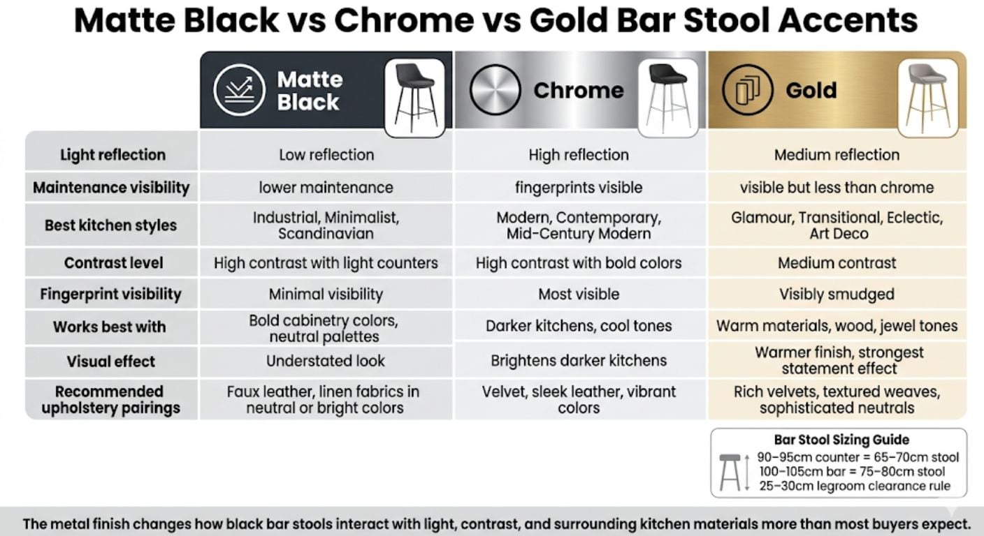 Black Bar Stools: Matte Black vs Chrome vs Gold Accents infographic