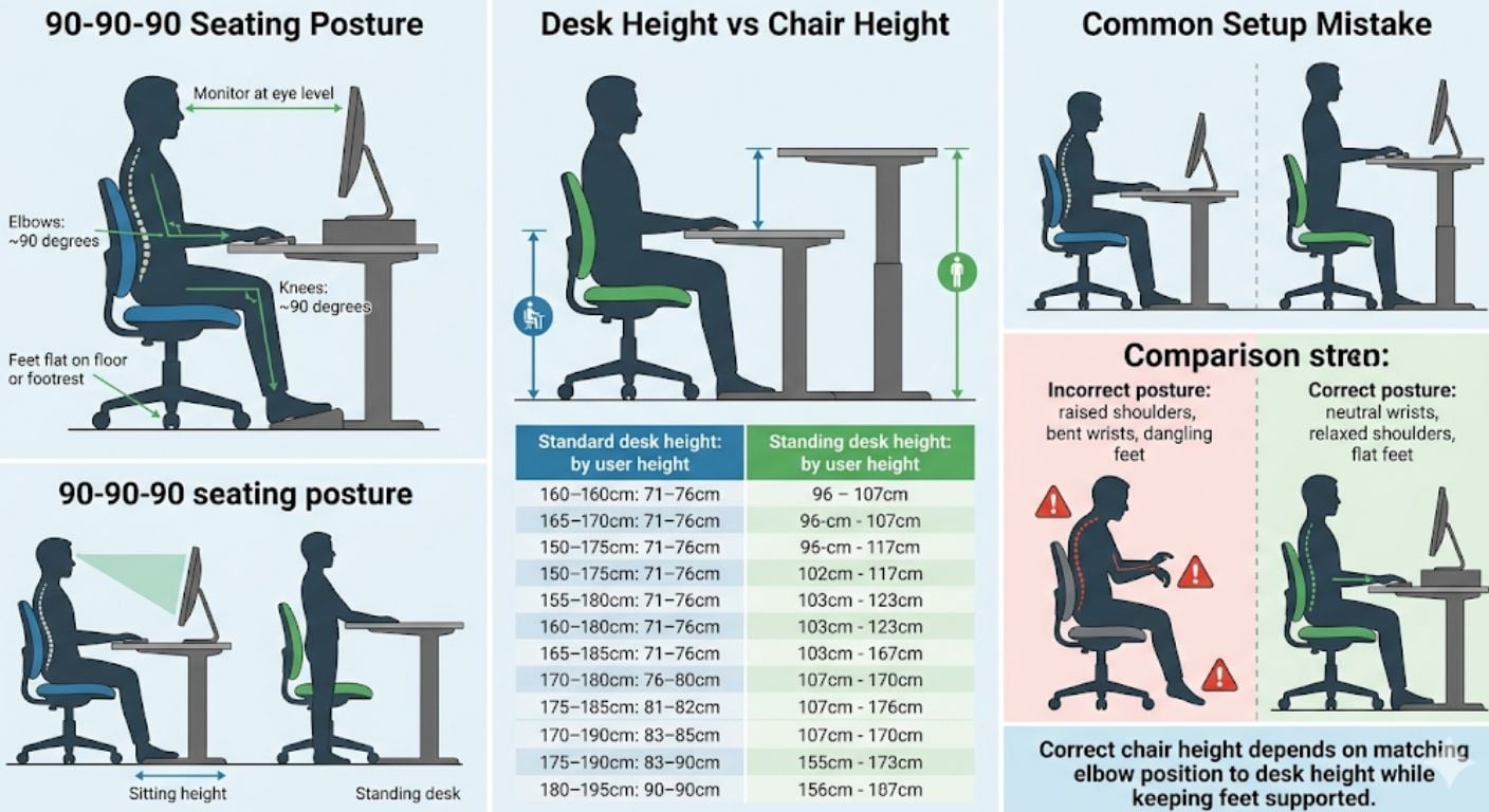Desk Chair Height Guide: Desk Height & Elbow Angle Infographic