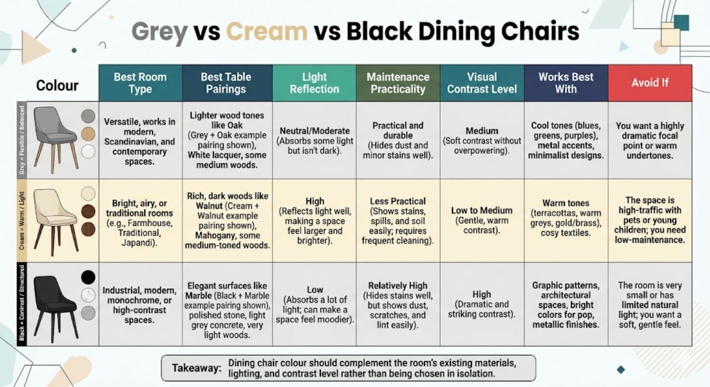 Dining Chair Colour Guides: Grey, Cream & Black Infographic
