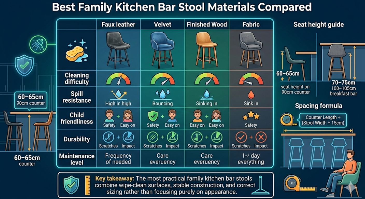Family Kitchen Bar Stools: Wipe-Clean Materials & What to Avoid infographic