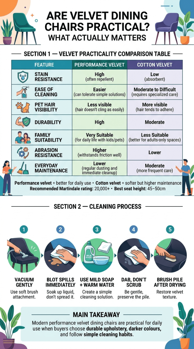 Are velvet dining chairs practical for everyday use? Learn about staining, cleaning, durability, pets, and family-friendly velvet fabrics Infographic