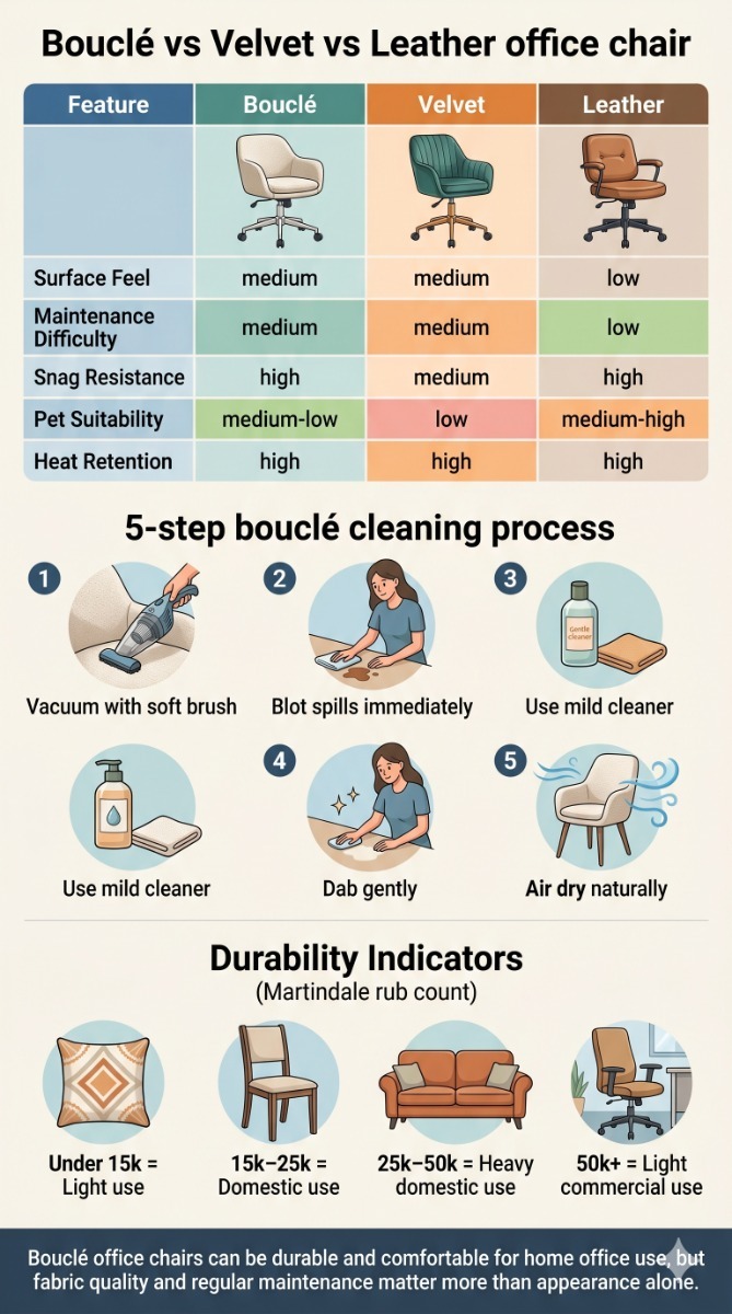 Boucle Office Chairs: Pros, Cons, Cleaning & Durability infographic
