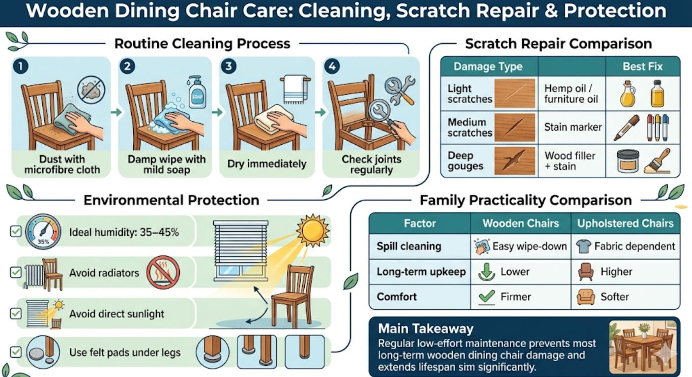 How to Care for Wooden Dining Chairs: Cleaning, Scratches & Longevity Infographic