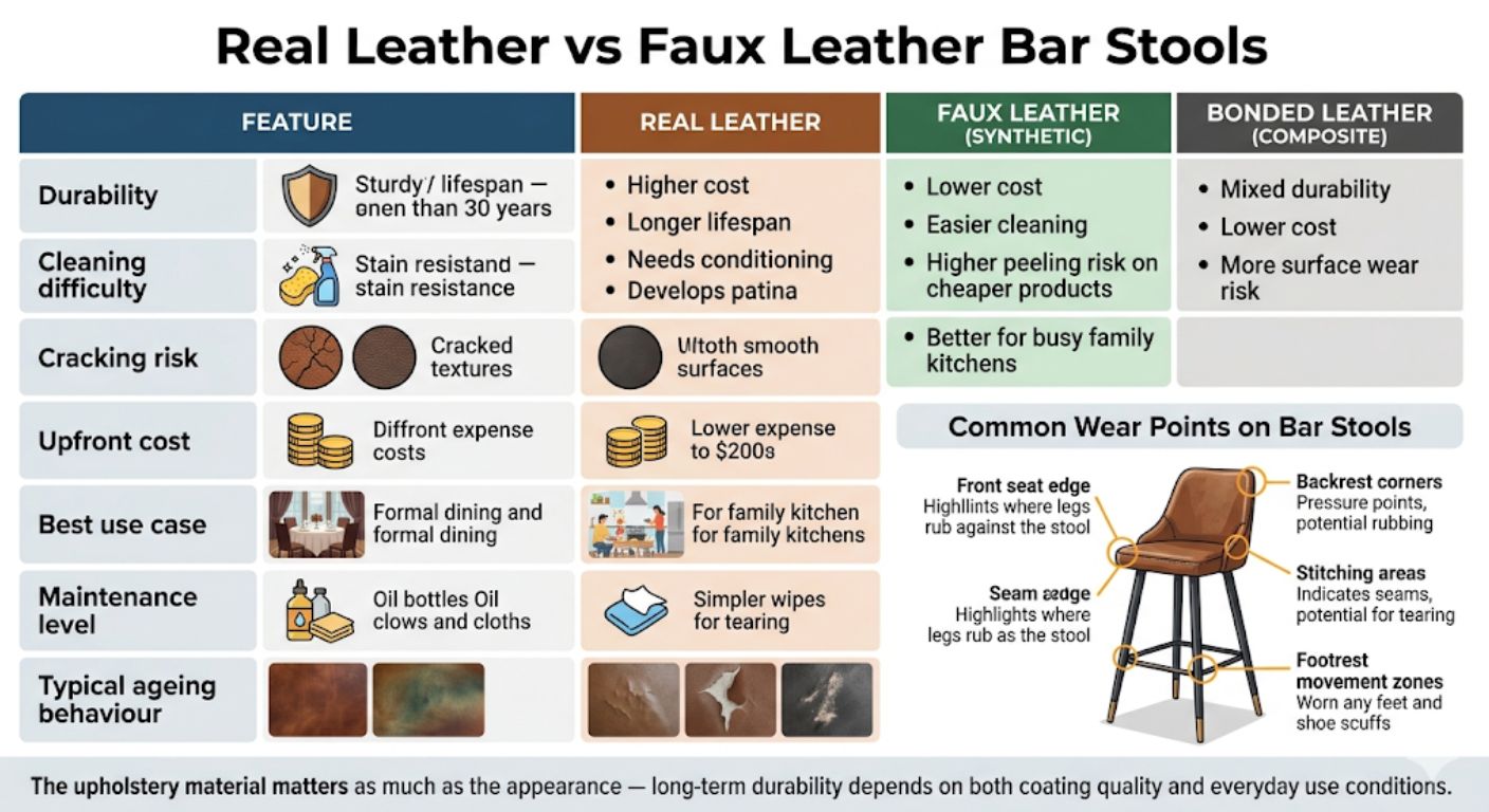 Leather Bar Stools: Real vs Faux, Maintenance & Cracking Risk Infographic