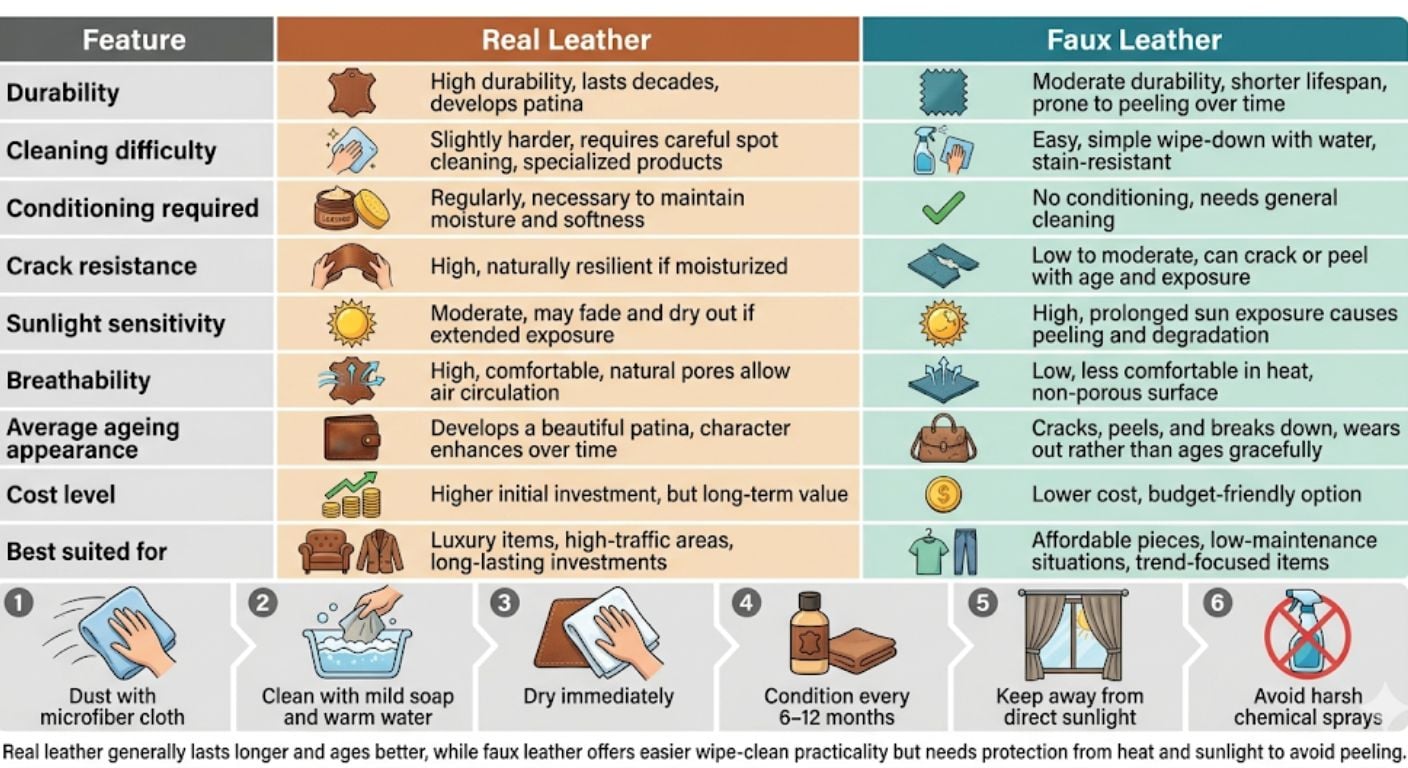 Leather Bar Stools: Real vs Faux, What to Expect & How to Clean Infographic