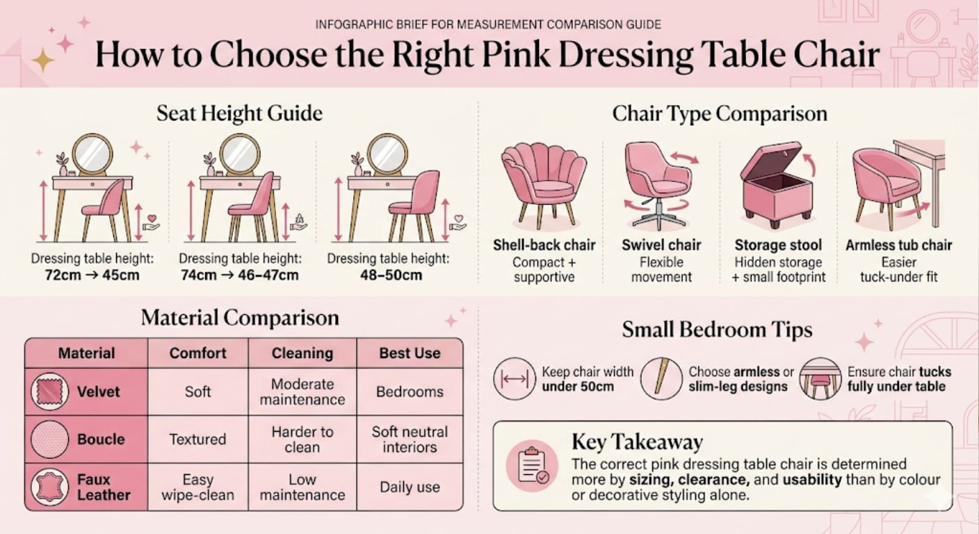 Pink Dressing Table Chair: How to Choose Size, Style & Material infographic