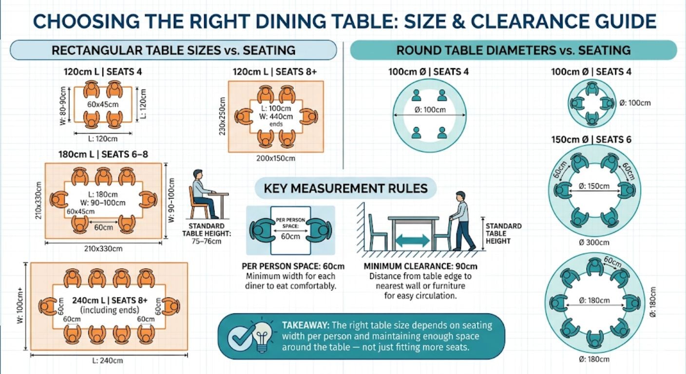 dining table shapes, dimensions and clearance plan